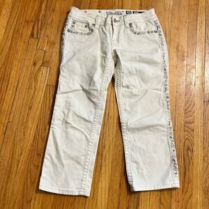 Miss Me Jeans Womens 28 Cuffed Capri Ivory Off White Bling Western Pants